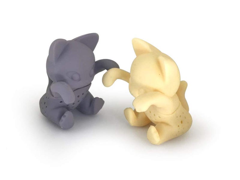 Tiware 2 Cats Kittens Shape BeigeGray Tea Infuser Loose Leaf Strainer Herbal  Fruit Tea Filter Diffuser Food Grade Silicone Pet Lover Twin Cats Lot of 2 pcs