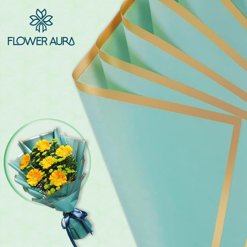 FlowerAura Designer Waterproof Sea Green With Golden Border Korean Wrapping Paper For Flower Bouquet Wrapping Paper, Gift Wrapping Paper, DIY Handmade Paper, Artistic Creation Paper (Set of 20) - Image 2