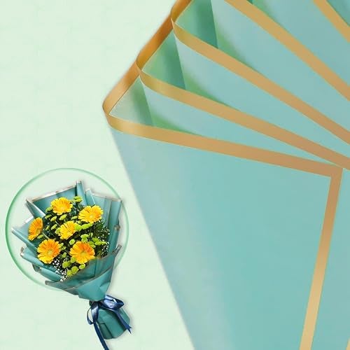 FlowerAura Designer Waterproof Sea Green With Golden Border Korean Wrapping Paper For Flower Bouquet Wrapping Paper, Gift Wrapping Paper, DIY Handmade Paper, Artistic Creation Paper (Set of 20) - Image 1