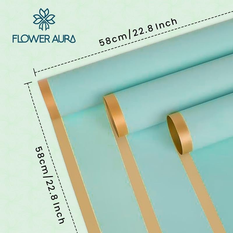 FlowerAura Designer Waterproof Sea Green With Golden Border Korean Wrapping Paper For Flower Bouquet Wrapping Paper, Gift Wrapping Paper, DIY Handmade Paper, Artistic Creation Paper (Set of 20) - Image 3
