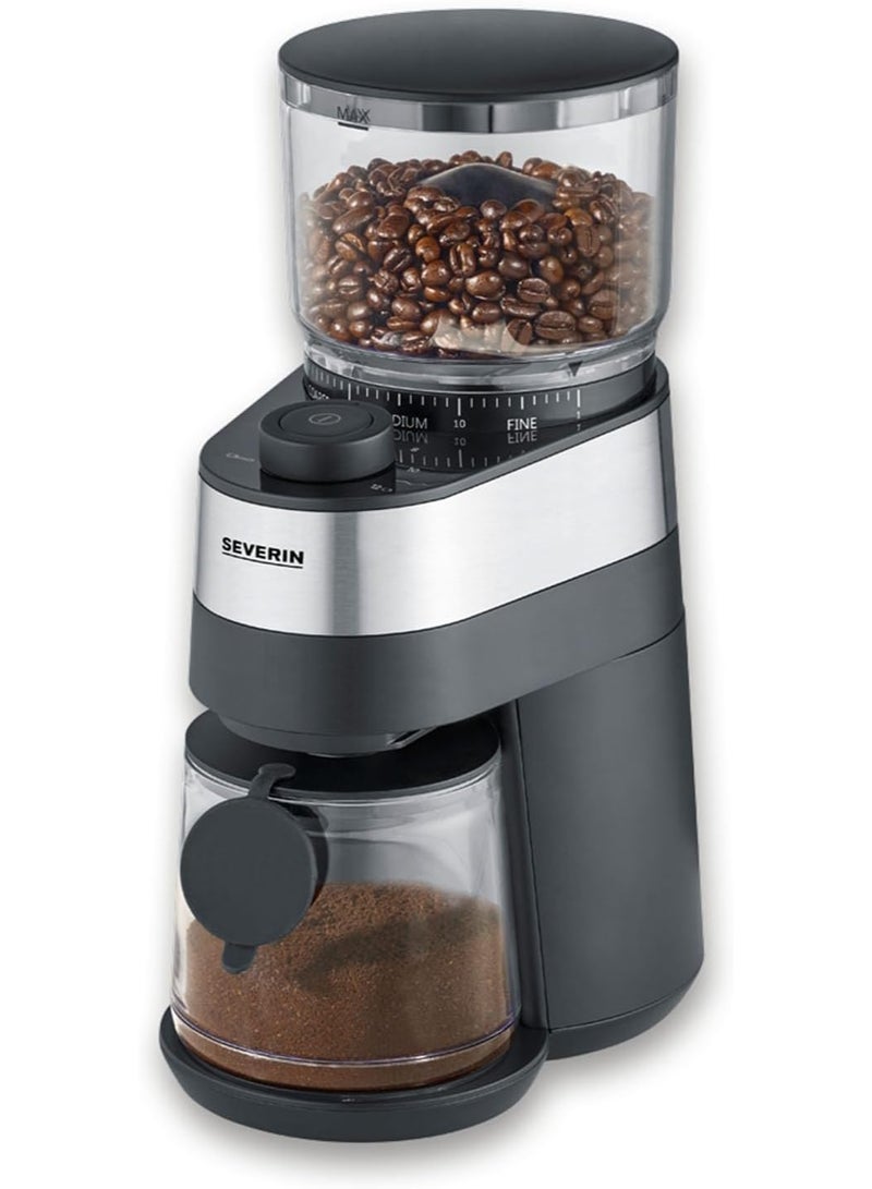 SEVERIN KM 3880 Electric Coffee Grinder, Aromatic Gentle Disc Grinder, Adjustable Quantity Dosage, Grinding Level Adjustable in 30 Levels, Removable Bean Container, 140 Watt, Stainless Steel