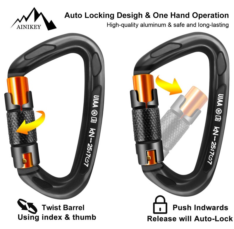 AINIKEY Climbing Carabiner Clips 25kN Auto Locking Carabiner, Professional Heavy Duty Large Locking Carabiner Clips for Rock/Ice Climbing Rappelling Rescue Swing etc, D Shaped, Large Size（‎Black-3PCS） - Image 4
