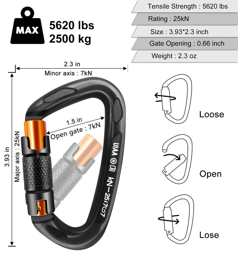 AINIKEY Climbing Carabiner Clips 25kN Auto Locking Carabiner, Professional Heavy Duty Large Locking Carabiner Clips for Rock/Ice Climbing Rappelling Rescue Swing etc, D Shaped, Large Size（‎Black-3PCS） - Image 3