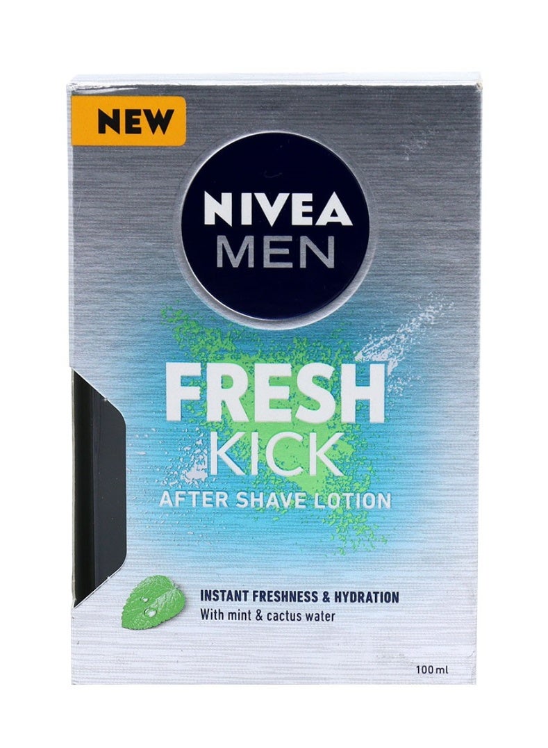 Nivea Men Fresh Kick After Shave Lotion (100ml) is an ultra-lightweight, revitalizing post-shave fluid engineered to instantly cool and charge men's skin. It transitions from a standard liquid splash into a deeply hydrating protective skin film, explicitly designed to eliminate localized micro-cuts, razor burn, and post-shave tightness.