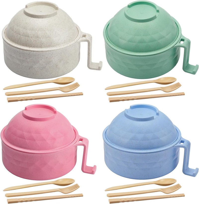 Romooa 4 Sets Microwave Ramen Cooker Set 33 oz Quick Ramen Bowl Set Microwave Noodle Cooker with Handle Noodle Bowl with Spoon Chopsticks Fork College Dorm RoomFresh Colors - Image 1
