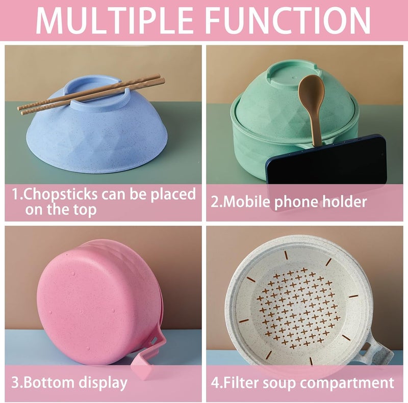Romooa 4 Sets Microwave Ramen Cooker Set 33 oz Quick Ramen Bowl Set Microwave Noodle Cooker with Handle Noodle Bowl with Spoon Chopsticks Fork College Dorm RoomFresh Colors - Image 3