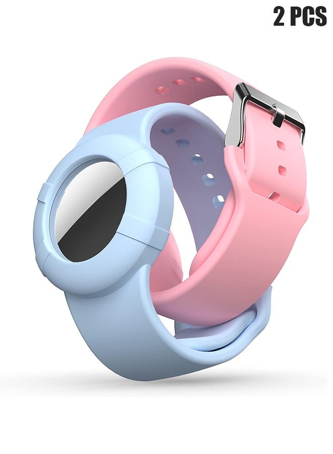Air tag Wristband Kids(2 Pack) - Soft Silicone Air tag Bracelet for Kids - Lightweight Holder Compatible with Apple Air tag Childs Watch Band Kids (Pink + Denim Blue)