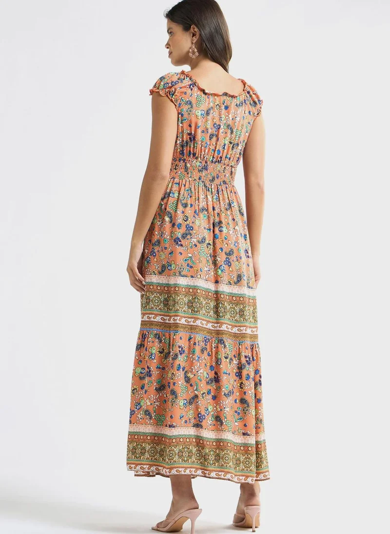 FAV Print V-Neck Tiered Dress With Cap Sleeves