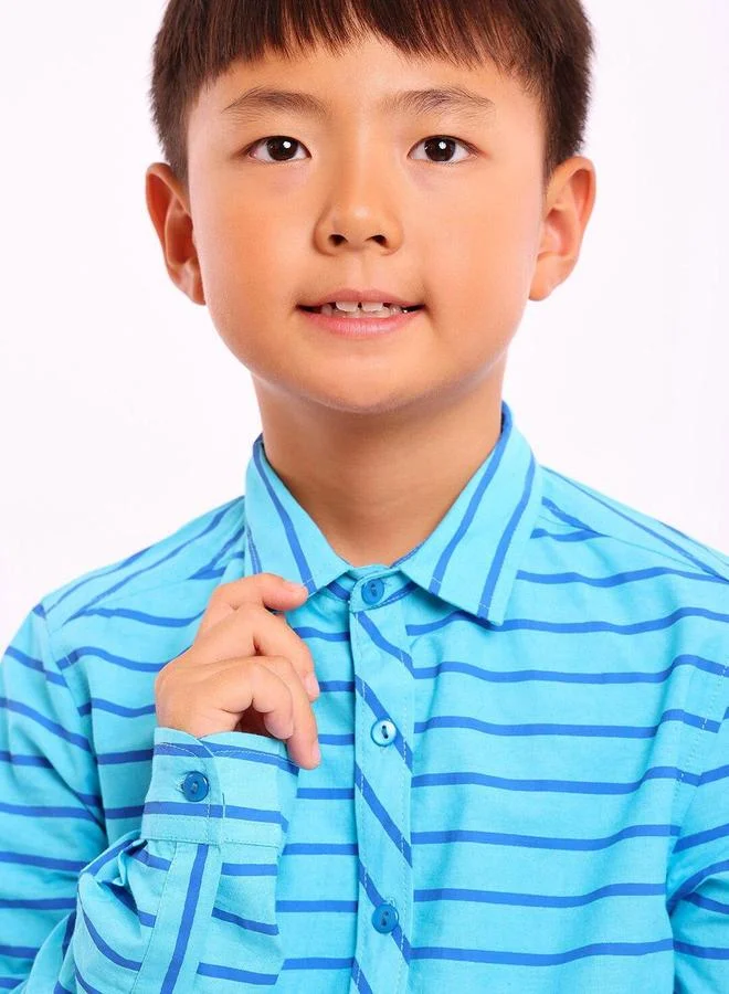 بونكيدز Regular Long Sleeve Printed Blue Cotton Shirt For Boys 100 % Cotton