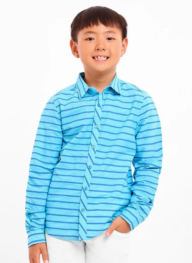 بونكيدز Regular Long Sleeve Printed Blue Cotton Shirt For Boys 100 % Cotton