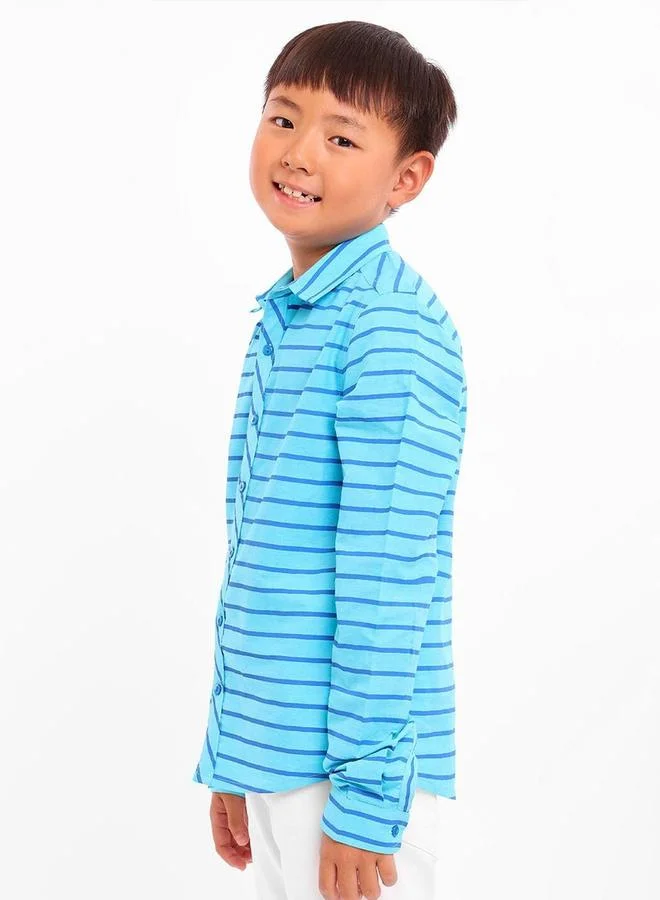 Bonkids Regular Long Sleeve Printed Blue Cotton Shirt For Boys 100 % Cotton