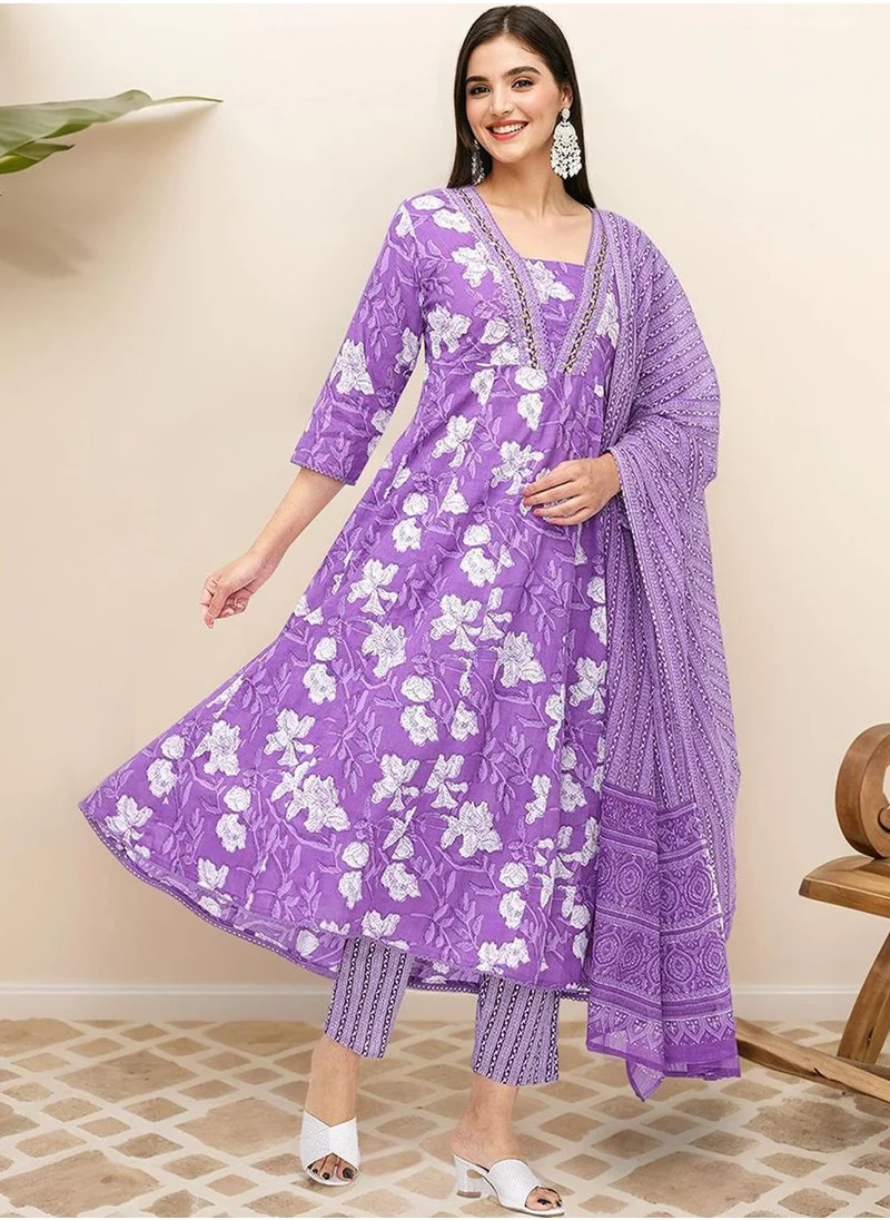 ISHIN WOMEN Lilac Cotton Kurta Sets - 3pcs