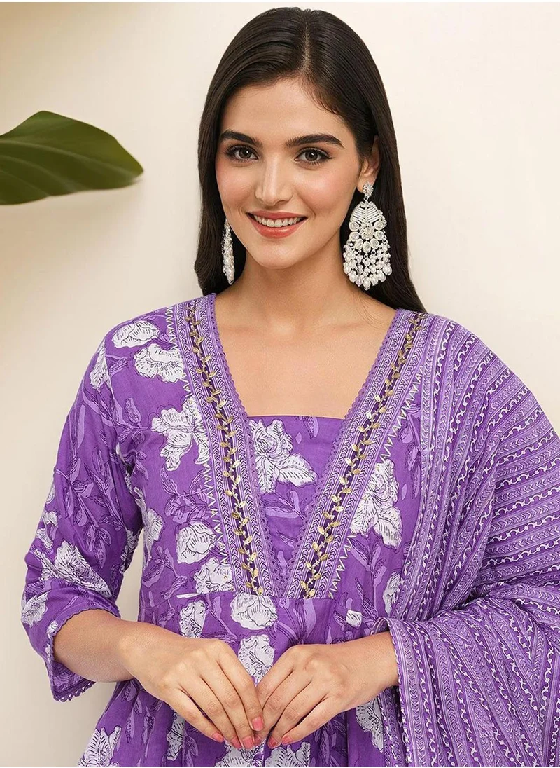 آي شين WOMEN Lilac Cotton Kurta Sets - 3pcs