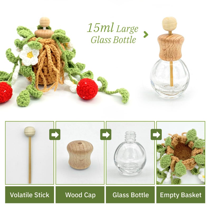 SGIBYN Crochet Car Air Freshener, 15ml Empty Refillable Oil Diffuser Bottle with Hanging Crochet Cute Plant for Car Rearview Mirror Decor Air Freshener Diffuser for Home and Office Decor(Two Strawberry) - Image 4