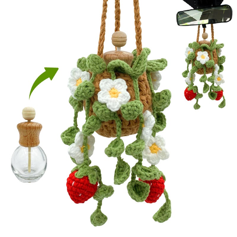 SGIBYN Crochet Car Air Freshener, 15ml Empty Refillable Oil Diffuser Bottle with Hanging Crochet Cute Plant for Car Rearview Mirror Decor Air Freshener Diffuser for Home and Office Decor(Two Strawberry) - Image 1