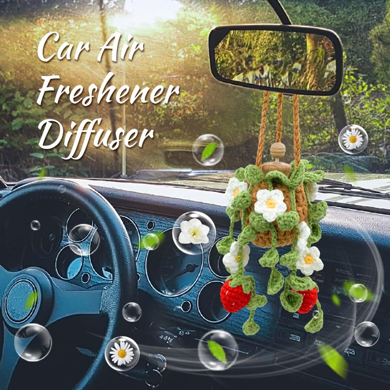 SGIBYN Crochet Car Air Freshener, 15ml Empty Refillable Oil Diffuser Bottle with Hanging Crochet Cute Plant for Car Rearview Mirror Decor Air Freshener Diffuser for Home and Office Decor(Two Strawberry) - Image 2