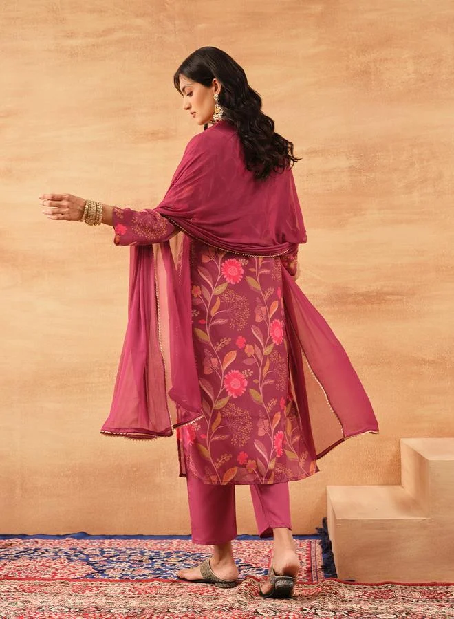 ISHIN Women's Purple Chinon Printed Tunic Top With Ankle Palazzo Straight 3 Peice Kurta Set