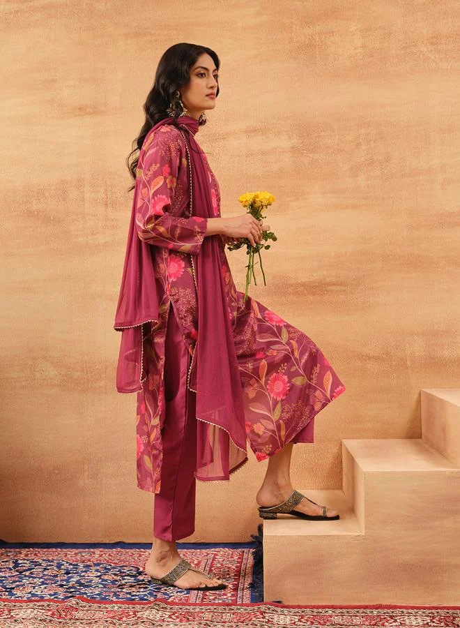 ISHIN Women's Purple Chinon Printed Tunic Top With Ankle Palazzo Straight 3 Peice Kurta Set