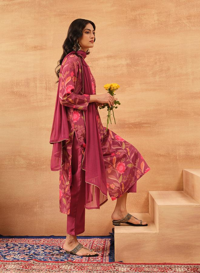 ISHIN Women's Purple Chinon Printed Tunic Top With Ankle Palazzo Straight 3 Peice Kurta Set - Image 3