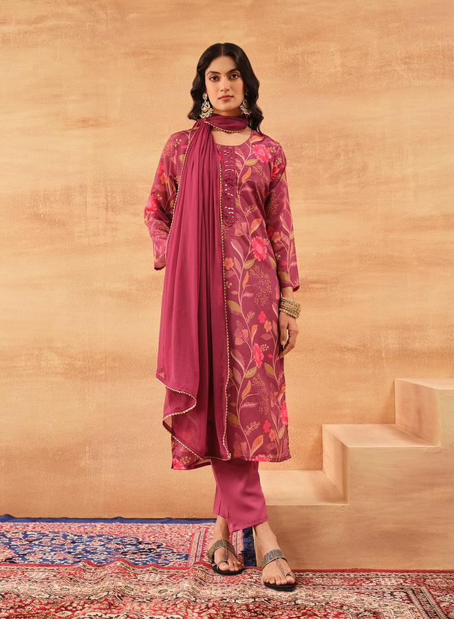 ISHIN Women's Purple Chinon Printed Tunic Top With Ankle Palazzo Straight 3 Peice Kurta Set - Image 1