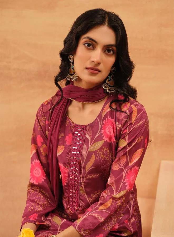 ISHIN Women's Purple Chinon Printed Tunic Top With Ankle Palazzo Straight 3 Peice Kurta Set