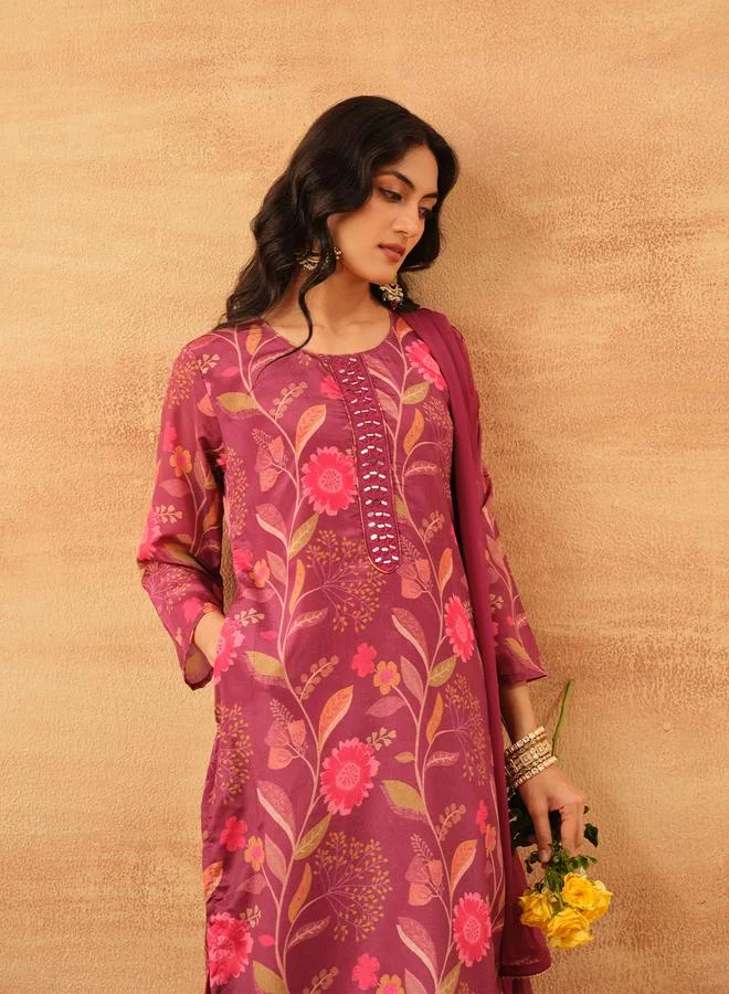 ISHIN Women's Purple Chinon Printed Tunic Top With Ankle Palazzo Straight 3 Peice Kurta Set