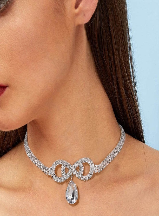 ELABEST Sparkly Rhinestone Necklace Silver Bowknot Necklace Crystal Choker Adjustable Tennis Chain Pendant Wedding Bridal Bridesmaid Costume Jewelry for Women (Bowknot) - Image 3