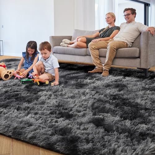 PAGISOFE Abstract Shaggy Area Rug 4' x 6' Plush Furry Rugs for Living Room, Tie-Dyed Dark Grey Soft Fluffy Rugs for Bedroom Grils Boys, Fuzzy Rug for Nursery, Dorm. Shag Carpet for Kids Room Decor - Image 2