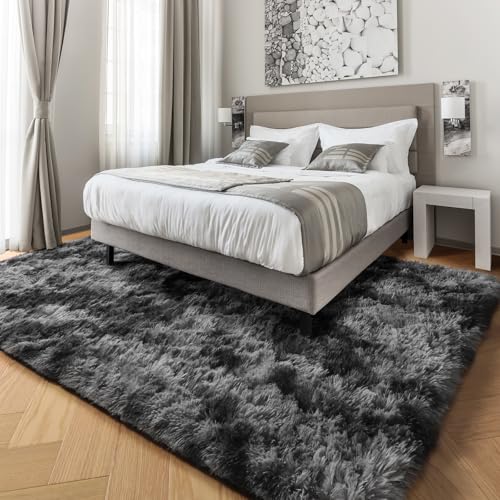 PAGISOFE Abstract Shaggy Area Rug 4' x 6' Plush Furry Rugs for Living Room, Tie-Dyed Dark Grey Soft Fluffy Rugs for Bedroom Grils Boys, Fuzzy Rug for Nursery, Dorm. Shag Carpet for Kids Room Decor - Image 5