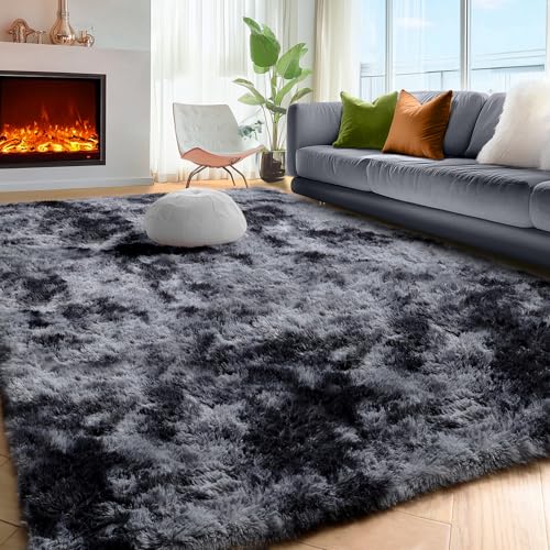 PAGISOFE Abstract Shaggy Area Rug 4' x 6' Plush Furry Rugs for Living Room, Tie-Dyed Dark Grey Soft Fluffy Rugs for Bedroom Grils Boys, Fuzzy Rug for Nursery, Dorm. Shag Carpet for Kids Room Decor - Image 3