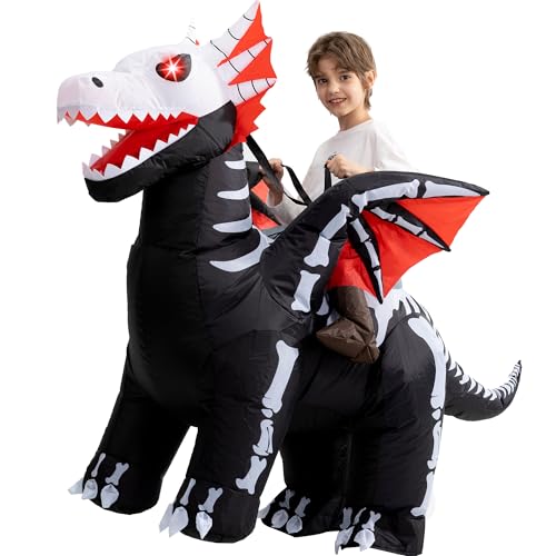 One Casa Inflatable Costume KidsBlow Up LED Light Eyes Skeleton Dragon SuitRide On Halloween Costumes for Boys Girls 710YRS - Image 1
