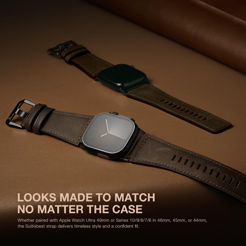 Suitisbest Leather Bands Compatible for Apple Watch Ultra Band 49mm 46mm 45mm 44mm 42mm, Genuine Calfskin Leather Replacement Strap Fits Men iWatch Series 11 10 9 8 7 6 5 4 3, SE 3 2 1, Ultra 3 2 1 - Image 5