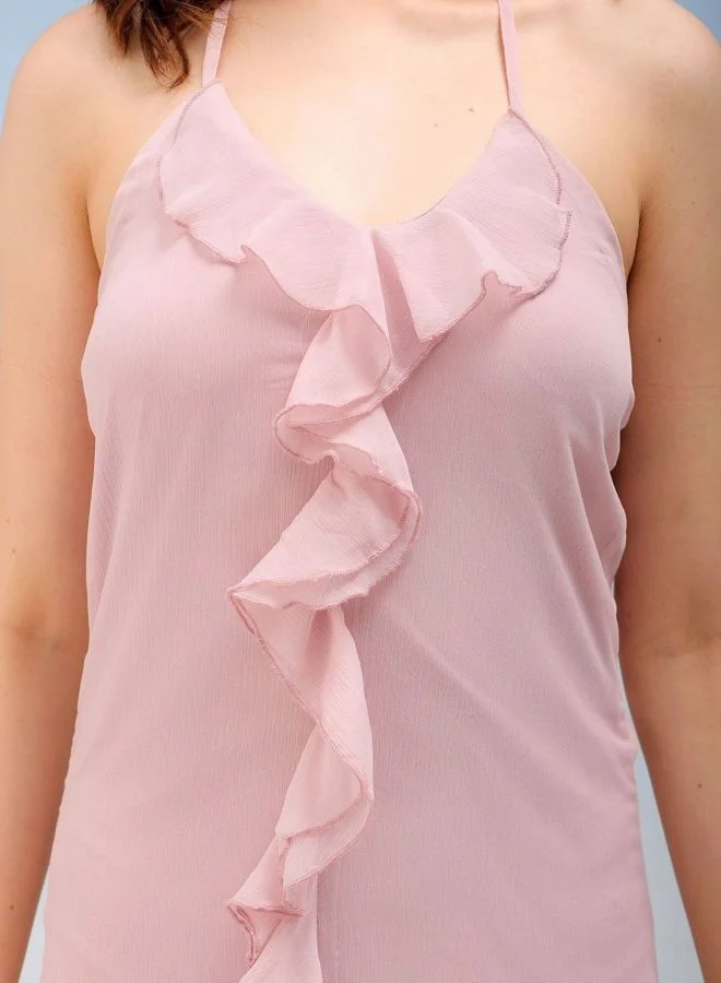 Freehand  Women Regular Fit Solid Halter Neck Sleeveless Ruffle Dress for Women | Best Price UAE