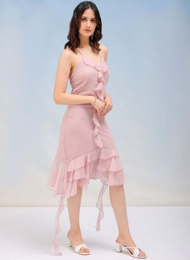 Freehand  Women Regular Fit Solid Halter Neck Sleeveless Ruffle Dress for Women | Best Price UAE