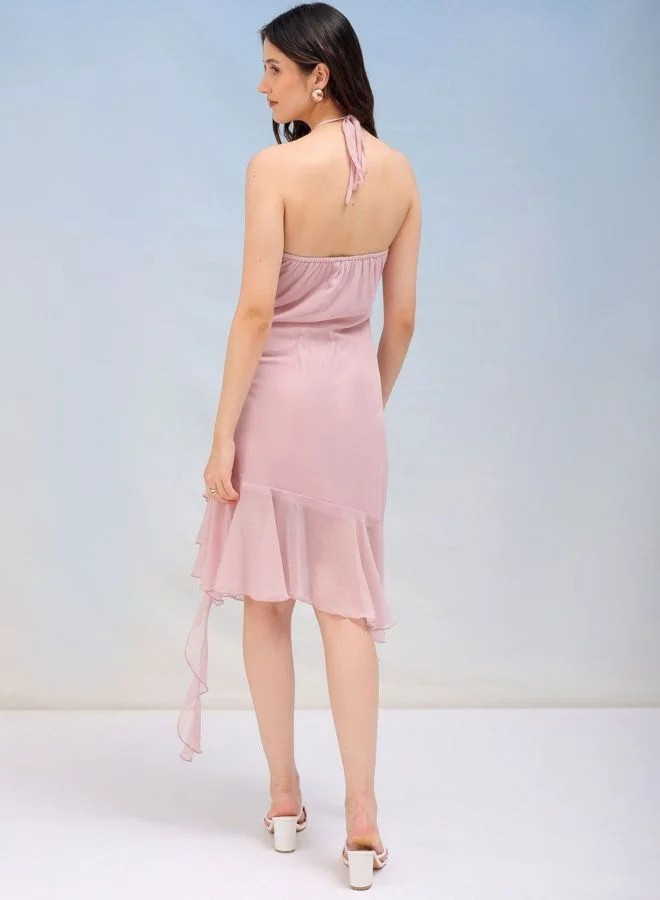 Freehand  Women Regular Fit Solid Halter Neck Sleeveless Ruffle Dress for Women | Best Price UAE