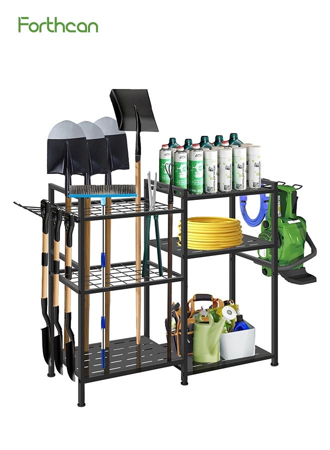 Forthcan Heavy Duty Garden Tool Organizer Rack, Freestanding Metal Storage Stand with Shelves and Hooks for Garage, Shed and Outdoor Use - Image 1