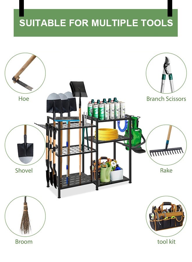 Forthcan Heavy Duty Garden Tool Organizer Rack, Freestanding Metal Storage Stand with Shelves and Hooks for Garage, Shed and Outdoor Use - Image 4