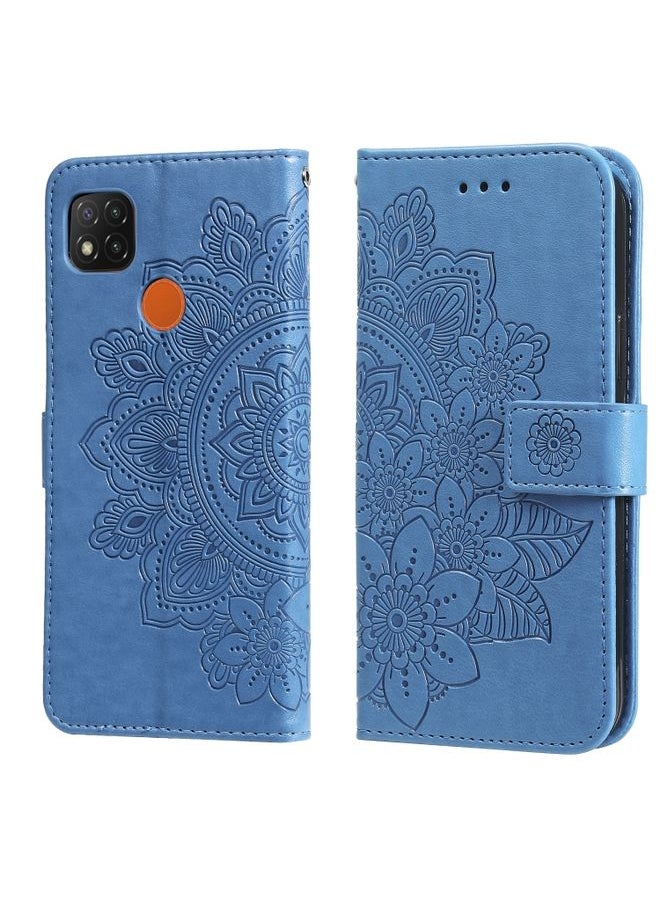 HuHa Case Cover For Xiaomi Redmi 9C 7-petal Flowers Embossing Pattern Horizontal Flip PU Leather Case with Holder & Card Slots & Wallet & Photo Frame Blue 
