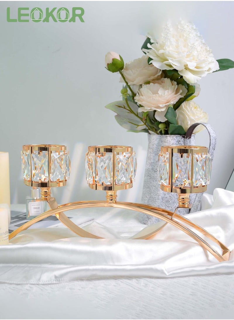 LEOKOR 3 Arms Decorative Crystal Tealight Candle Holder Gold  - Image 1