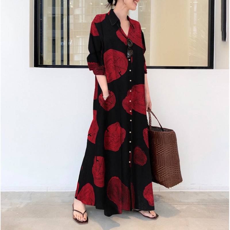 in stock Temperament Womens Cotton and Linen Printing Long-sleeved Simple Loose Slimming Casual Long Shirt Japanese-Korean dress Red - Image 1