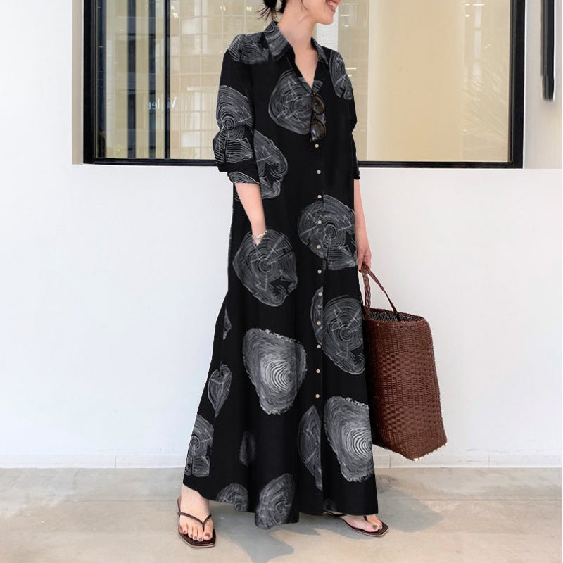 in stock Temperament Womens Cotton and Linen Printing Long-sleeved Simple Loose Slimming Casual Long Shirt Japanese-Korean dress Red - Image 2
