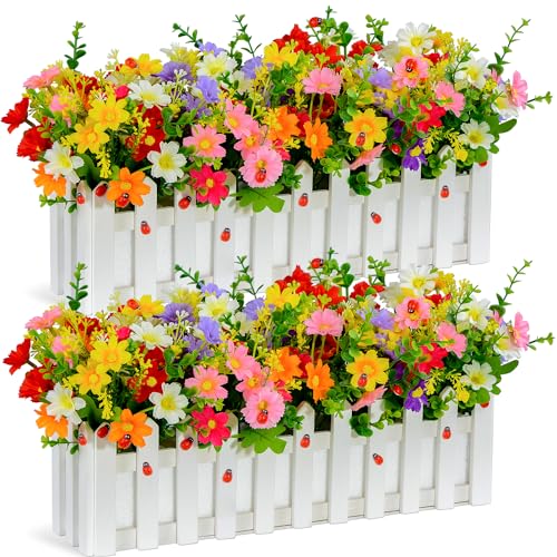 XONOR Artificial Flower Plants Mixed Color Faux Daisies in Picket Fence Pot for Indoor Office Wedding Home Windowsill Spring Decoration 2 Sets - Image 1