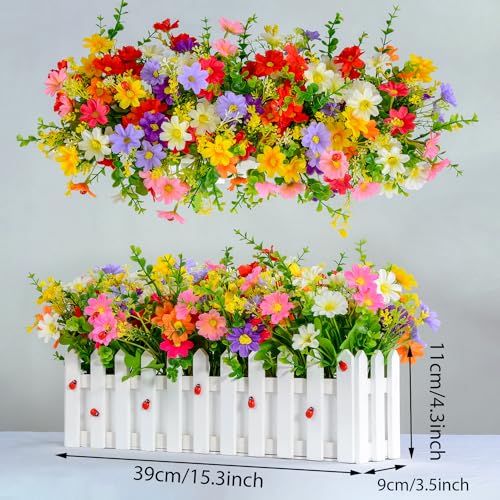 XONOR Artificial Flower Plants Mixed Color Faux Daisies in Picket Fence Pot for Indoor Office Wedding Home Windowsill Spring Decoration 2 Sets - Image 3