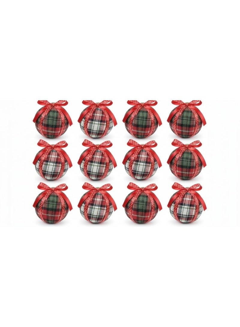 Plaid Christmas Ornaments with Red Ribbon – Set of 12 - Image 1