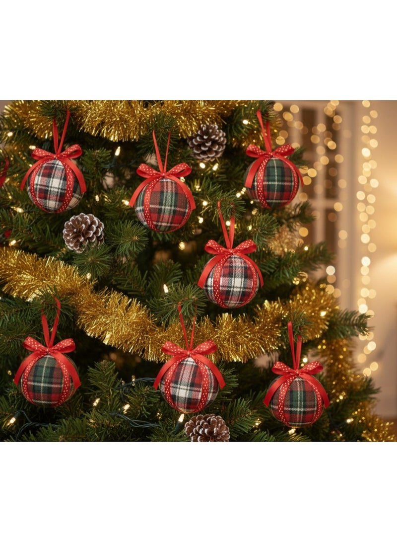 Plaid Christmas Ornaments with Red Ribbon – Set of 12 - Image 2