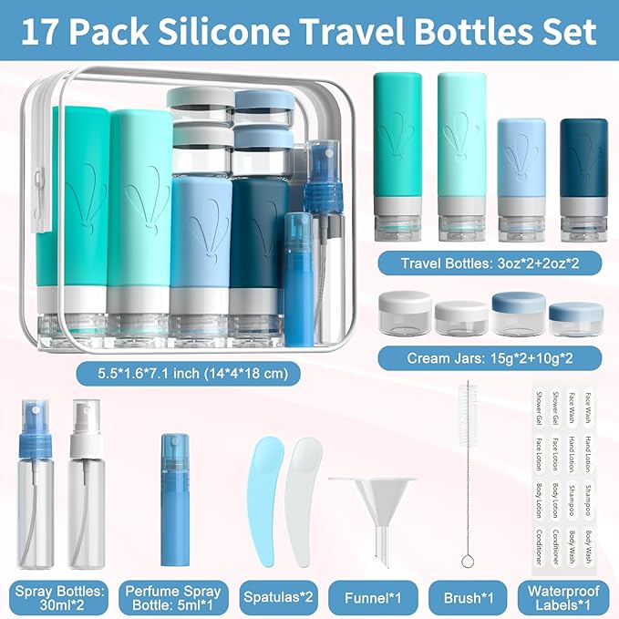 INSFIT Silicone Travel Bottles Set 17 Pack Travel Size Toiletries Leakproof Travel Bottles for Toiletries Travel Accessories for Women Airplane Travel Essentials Travel Containers for Toiletries - Image 2