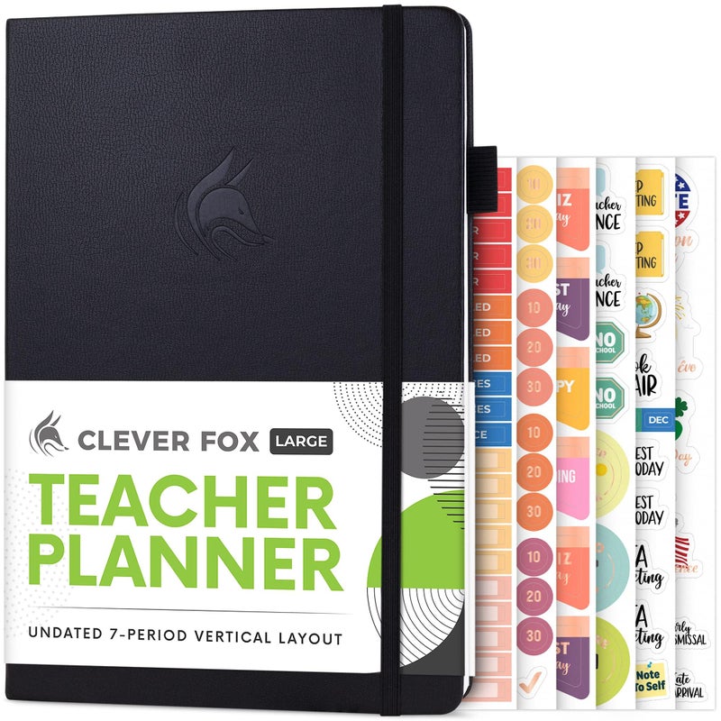 Clever Fox Teacher Planner School Year Planner with Calendars Lesson Plans Teacher Plan Book for Classroom Homeschool Organization Undated 7x10 Hardcover Black