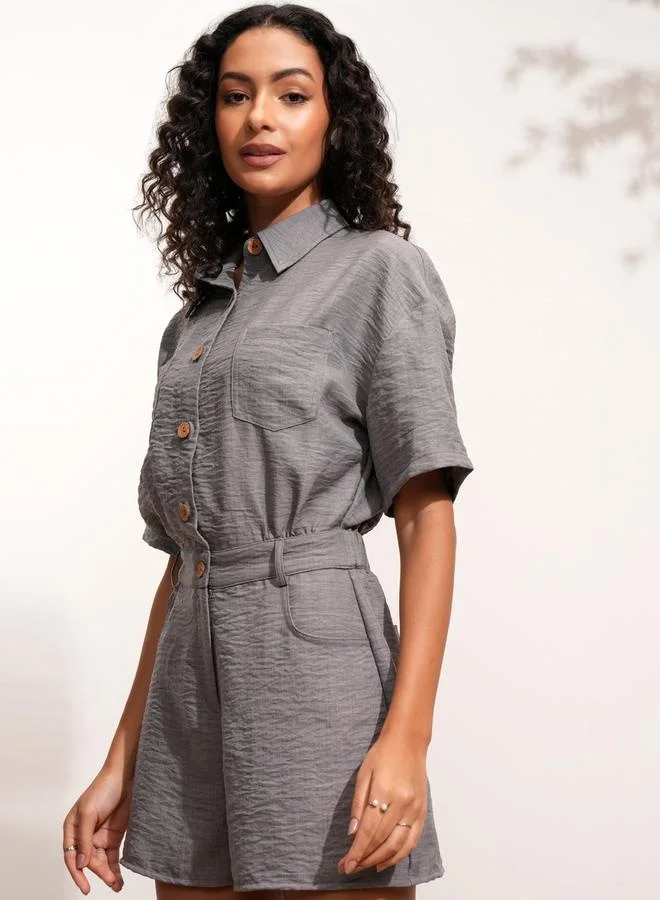 Tokyo Talkies Tokyo Talkies Textured Collared Jumpsuit with Button Detail
