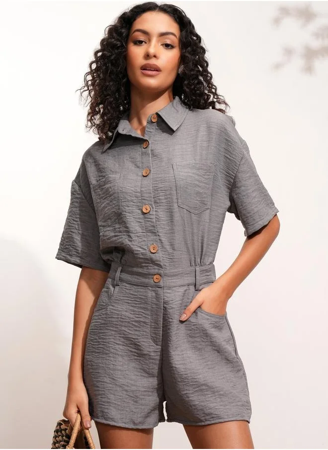 Tokyo Talkies Textured Collared Jumpsuit with Button Detail