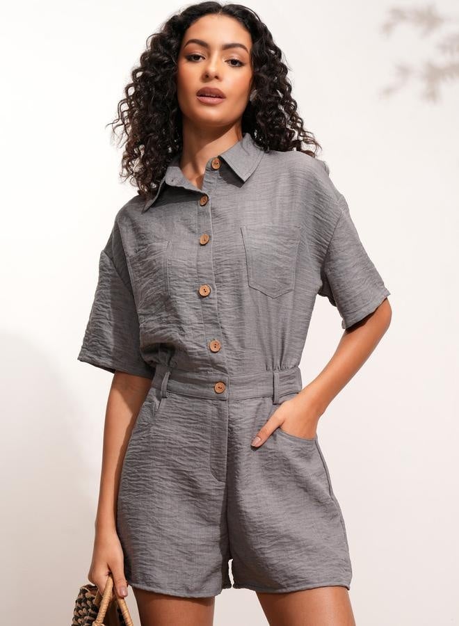 Tokyo Talkies Tokyo Talkies Textured Collared Jumpsuit with Button Detail - Image 1